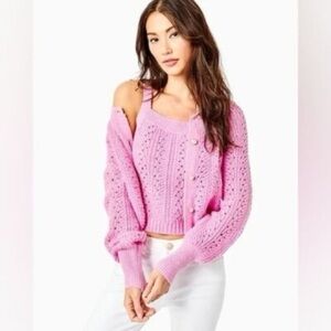 $218 Women Lilly  Pulitzer Zabrina Sweater SET Top Cardigan Pearl Lilac Rose Xs